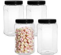 Okllen 4 Pack 70 Oz/ 2L Clear Plastic Jars with Lids, Empty Storage Containers Large Spice Jars Airtight Canisters for Dry Food, Snacks, Flour, Dog Food, Wide Mouth, BPA Free, Black Cap