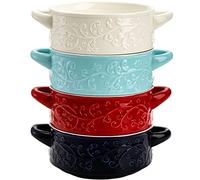 Okllen 4 Pack Ceramic Soup Bowls with Handles, 20 Oz Glazed French Onion Soup Bowls Embossed Cereal Bowls, Stackable Serving Bowls for Stew, Pasta, Chill, Oven Dishwasher Safe, 4 Colors
