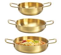 Okllen Set of 3 Korean Ramen Noodle Pot with Handles, Stainless Steel Everyday Pan, Golden Korean Cooking Pot for Soup, Noodle, Pasta, Home and Outdoor, 18, 22, 24CM