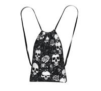 OKMIJNUHBY Black Floral Skull Reusable Drawstring Backpack â€“ Full-Print Foldable Storage Bag, Ultra-Lightweight 14l Polyester Travel & Shopping Tote With Compact 6Ã-10cm Pouch-In-Pouch Design