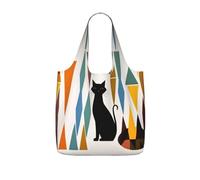 OKMIJNUHBY Mid-Century Modern Art Cat Reusable Foldable Shopping Bag â€“ Full-Print Design Lightweight 25l Polyester Tote With Drawstring Closure & Built-In 7Ã-10cm Compact Storage Pouch