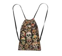 OKMIJNUHBY Skull (5) Reusable Drawstring Backpack â€“ Full-Print Foldable Storage Bag, Ultra-Lightweight 14l Polyester Travel & Shopping Tote With Compact 6Ã-10cm Pouch-In-Pouch Design