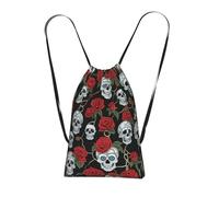 OKMIJNUHBY Skull And Red Rose (3) Reusable Drawstring Backpack â€“ Full-Print Foldable Storage Bag, Ultra-Lightweight 14l Polyester Travel & Shopping Tote With Compact 6Ã-10cm Pouch-In-Pouch Design