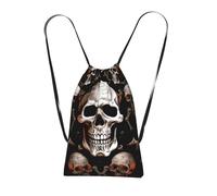 OKMIJNUHBY Skull Background Reusable Drawstring Backpack â€“ Full-Print Foldable Storage Bag, Ultra-Lightweight 14l Polyester Travel & Shopping Tote With Compact 6Ã-10cm Pouch-In-Pouch Design