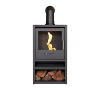 OKO Bio Ethanol Fires S1 Bio Ethanol Stove with Log Storage in Charcoal Grey & Angled Stove Pipe in Black OKO Bio Ethanol Fires Black