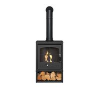 OKO Bio Ethanol Fires S2 Bio Ethanol Stove with Log Storage in Charcoal Grey with Tall Angled Stove Pipe in Black OKO Bio Ethanol Fires Black