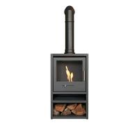 OKO S1 Bio Ethanol Stove with Log Storage in Charcoal Grey & Tall Angled Stove Pipe
