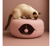 Okoco Cat Tunnel Bed for Indoor Cats Large, 24" Peekaboo Cat Cave Donut Bed for Pets up to 45lbs, 2-in-1 Round Tube with Hanging Ball Toy & Removable Machine Washable Parts (Pink)
