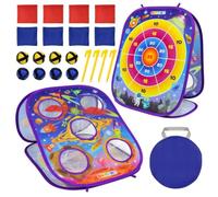 OKOOKO Bean Bag Toss Game, 3in1 Portable Backyard Outdoor Game | Space Theme Toy, Collapsible Cornhole & Dart Board, Triple-Sided Boradgame Set, Camping, Beach Travel for Toddlers