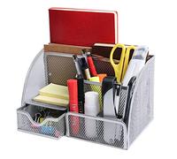 OKPOW Mesh Desk Organiser,Multi-Use Desk Tidy & Pen Holder with 6 storage and 1 Slide Drawer,Stationary Organiser for School,Home,Office desktop supplies (Silver)