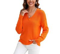 OKSakady Womens Woven V-Neck Jumpers Knit Long Sleeve Tops for Ladies Solid Color Leisure Sweater Orange