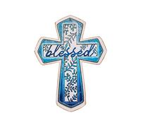 OKSQW 11" Wall Cross Handmade White Wood & Blue Iron Christians Spiritual Religious Cross with Hook Christmas Wall Hanging Cross with Blessed Design Crucifix Gift for Church Home Room Decor