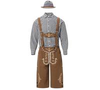 Oktoberfest Costume Men 3PCS Lederhosen & Checkered Shirt & Hat Bavarian October Festival Costume Mens Oktoberfest Outfit German Costumes Halloween Fancy Dress for Adults