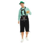 Oktoberfest Costume Men 3pcs Lederhosen with Long Sleeve Shirt & Hat October Festival Costume Mens German Bavarian Oktoberfest Outfit Lederhosen with Braces Fancy Dress Cosplay Party Funny Outfit