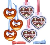 Oktoberfest Decoration Pack of 8, Bavaria Folk Festival Hearts Gingerbread Heart, Plastic Pretzel Pendant, Colour Ribbon, Bavarian Decoration Party Accessories, Oktoberfest Party Decoration for Garden