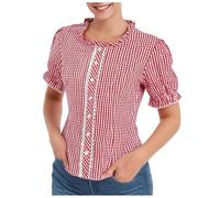 Oktoberfest Dirndl Shirts Women Women's Plaid Button Down Shirt Y2k Puff Short Sleeve Casual Classic Elegant for Girls Babydoll Gingham Tunic Blouses Halloween Outfit, Pink, M