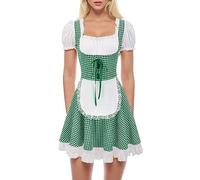 Oktoberfest Outfit Women German Bavarian Beer Maid Costume Women Sexy Off-Shoulder Ruffle Checked Oktoberfest Dress with Puff Sleeve Mini Skirt with Lace October Festival Costume