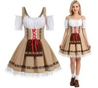 Oktoberfest Outfit Women Off-Shoulder Traditional Bavarnian Short Sleeve Off Shoulders German Beer Maid Costume with Embroidery for Oktoberfest, Halloween & Themed Parties (Khaki, Plus-1XL)