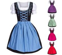 Oktoberfest Outfit Women Plus Size Dirndl Dress, October Festival Costume 3 Pieces Dirndldress with Apron Fancy Midi Skirt Bavarian Costumes Dress for Bavarian Beer Carnival Party, Halloween Blue