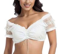 Oktoberfest Outfit Women Solid Ruffles Strapless Drawstring Short Sleeve Blouse Dirndl White Lace Tunic Victorian Sheer Blouse Bodycon Shirts for Traditional Bavarian Costume Fancy Dress Lederhosen