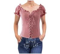 Oktoberfest Outfit Women's Gingham Plaid Shirts Oktoberfest Blouse Women, Plaid Top for Women, Collar Blouse, Short Sleeve Checked Shirt Tops Oktoberfest Fancy Dress Red