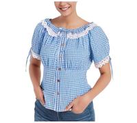 Oktoberfest Outfit Women's Gingham Plaid Shirts, Plaid Top for Women, V Collar Blouse, Short Sleeve Checked Shirt Tops Adjustable Sleeves Fancy Dress (1A-Sky Blue, XXXL)