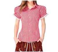 Oktoberfest T Shirts For Women,Adult Traditional Bavarian Shirt Causal Lace Hem Short Sleeve Lapel Tunic Blouse Tartan Button Down Tee Traditional German Punk Checked Cotton Blouse For Beer Festivals