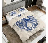 Oktopus Coverless Duvet Super King, Reversible Patterned Design, Nautical Marine Life Quilt & 1 Pillow Case for Bedroom Decor, 10.5 Tog Soft Microfibre Comforter Washable, All Seasons #y421