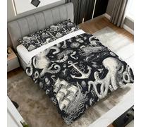 Oktopus Super King Duvet Coverless, Reversible Design, Nautical Kraken Sailboat Ankers Comforter & 2 Pillow Cases for Bedroom Decor, 10.5 Tog Ultra Soft Microfibre, All Seasons #y416