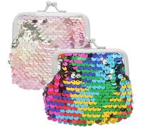 OKUMEYR 2Pcs Double-Sided Sequin Coin Purses with Kiss Lock, Small Glitter Change Wallets for Women and, Mini Purse Set with Rainbow and Pink-Purple Colors Suitable for Everyday Use