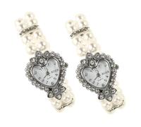 OKUMEYR 2pcs Heart Shaped Women Analog Quartz Watch Crystal Pearl Bracelet Bling Watches Bracelet Quartz Wristwatch for Elegant Occasion