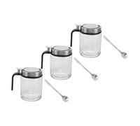 OKUMEYR 3 Sets Glass Spice Jars with Stainless Steel Caps Kitchen Seasoning Containers with Handle and Spoon Elegant Condiment Storage Organizer for Salt Pepper Sugar Home and Restaurant