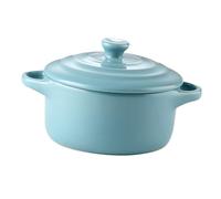 OKUMEYR Ceramic Double Handle Soup Bowl 230ml with Lid Microwave Safe Lake Blue Microwave Oven Compatible Home Kitchen Stew Bowl for Heating and Serving