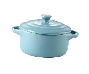 OKUMEYR Ceramic Double Handle Soup Bowl 230ml with Lid Microwave Safe Lake Blue Microwave Oven Compatible Home Kitchen Stew Bowl for Heating and Serving