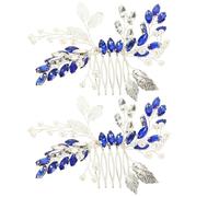 OKUMEYR Rhinestone Hair Comb Not Easy to Fade Blue with Silver Leaf Design 2 Pcs Bridal Rhinestone Hair Comb for Wedding Suitable for Evening Outfits and Special Days