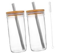OKUMEYR Set of Glass 24oz Mason Juice Cups Wooden Lids Straws and Straw Brush Multi-Function Drinkware for Home Office Party or Daily Use