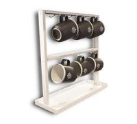 OKUNAII Coffee Mug Hanging Rack Stand - White Finish - 12 Cup Capacity with Two-Tier Hanging Arms and Base Tray - Freestanding Kitchen Mug Organiser - Coffee Station - British Steel - UK Made