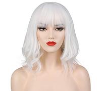 OKVGO Short Curly Bob Wig with Wig Cap for Women Cosplay Party and Daily Use White
