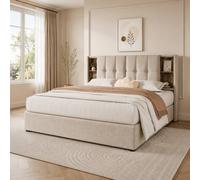 okwish Upholstered Bed Frame 180 x 200cm with Charging & Storage in Natural | Size: Super King okwish Natural Super King