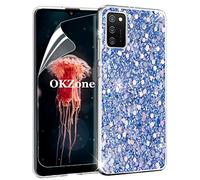 OKZone Compatible with Samsung Galaxy A03S Case [with HD Screen Protector], Bling Glitter Sparkle Design Slim Fit Soft Gel TPU Silicone Skin Cover Anti-scratch Protective Case (Blue)