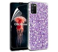 OKZone Compatible with Samsung Galaxy A03S Case [with HD Screen Protector], Bling Glitter Sparkle Design Slim Fit Soft Gel TPU Silicone Skin Cover Anti-scratch Protective Case (Purple)