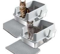 Olacat 2 Pack Stainless Steel Cat Litter Box with Lid,XL Extra Large Litterox for Big Cats with High Sided,Non-Sticky,Easy Cleaning, Include Litter Mat & Scoop,23x14.6x9.9in