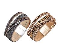 Oladfiop 2X Leopard Print Leather Multi-Layer Wraps Bracelet,Boho Wide Buckle Wristband Bangle, Gray & Khaki