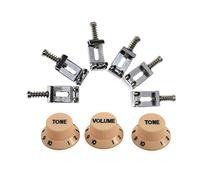 Oladfiop Cream Dark Blue Font 1 Volume & 2 Tone Guitar Control Knobs for Strat & 6x Chrome Tremolo Bridge Saddles
