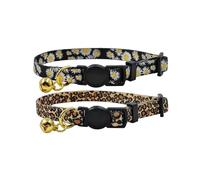 Olahibi 2 Pack Cat Collar, Floral Pattern, Breakaway Safe Release Buckle, Clear Bell, Polyester Material, for Adult Cats.(Leopard+Black Daisy)