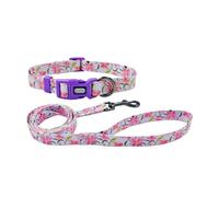 Olahibi Dog Collar Leash Set, Floral Pattern, Polyester Material, Adjustable Collar and 150CM Matching Leash, for Large Dogs.(L,Purple Lily)