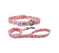 Olahibi Dog Collar Leash Set, Floral Pattern, Polyester Material, Adjustable Collar and 150CM Matching Leash, for Medium Dogs.(M,Pink Lily)