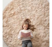 OLANLY Beige Round Rugs for Bedroom Machine Washable Circle Rugs 7'x7' for Living Room, Soft Fluffy Shaggy Rug for Teen Kids Bedrooms,