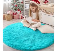 OLANLY Teal Blue Round Rugs for Bedroom - Machine Washable, 4x4 Feet Circle Area Rugs for Living Room, Soft and Fluffy Shaggy Carpet for Teen Girls and Boys, Dorms, Nursery Rooms, Home Decor Aesthetic
