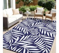 OLANLY Waterproof Outdoor Rug 8x10 ft, Reversible Patio Rug, Outdoor Plastic Straw Rug with Leaf Pattern, RV Mat, Indoor Outdoor Carpet for Patio, Camping, Balcony, Deck, Backyard, Navy & White